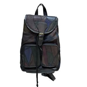 Patchwork Faux Leather Mini Backpack Drawstring Flap Multi Color Grunge Vintage